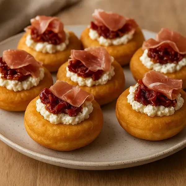 Savory Mini Donuts with Ricotta, Sun-Dried Tomatoes, and Prosciutto
