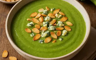 Velvety broccoli cream with toasted almonds and a hint of blue cheese