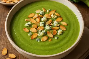 Velvety broccoli cream with toasted almonds and a hint of blue cheese