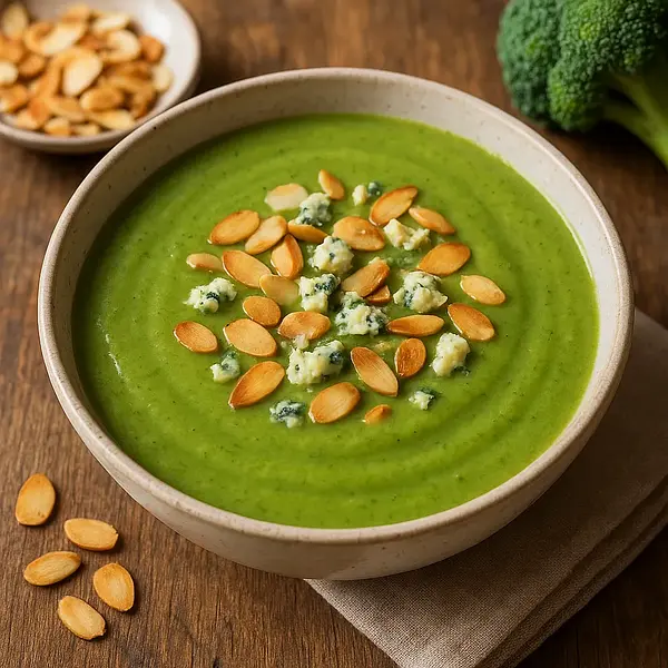 Velvety broccoli cream with toasted almonds and a hint of blue cheese