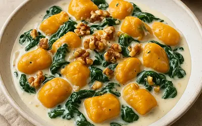 Velvety Pumpkin Lazy Dumplings with Creamy Gorgonzola Sauce, Spinach, and Toasted Walnuts