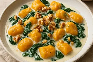 Velvety Pumpkin Lazy Dumplings with Creamy Gorgonzola Sauce, Spinach, and Toasted Walnuts