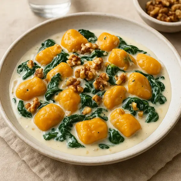 Velvety Pumpkin Lazy Dumplings with Creamy Gorgonzola Sauce, Spinach, and Toasted Walnuts