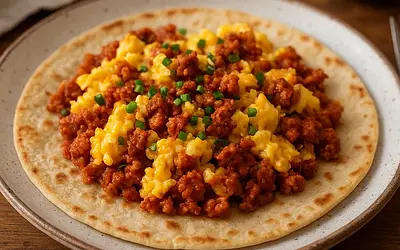 Mistrzowska Tortilla Śniadaniowa z Jajecznicą Farmerską i Chorizo