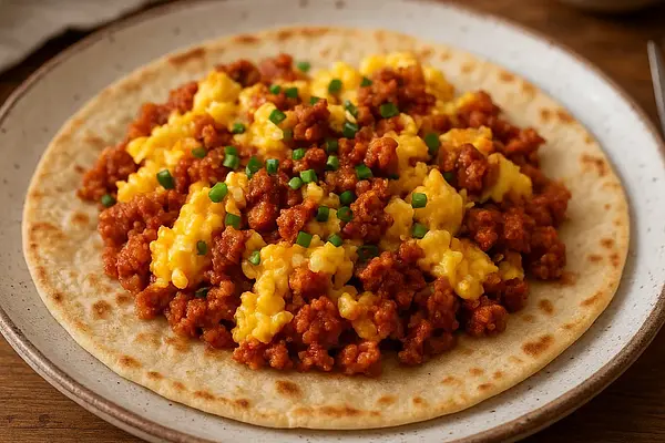 Mistrzowska Tortilla Śniadaniowa z Jajecznicą Farmerską i Chorizo