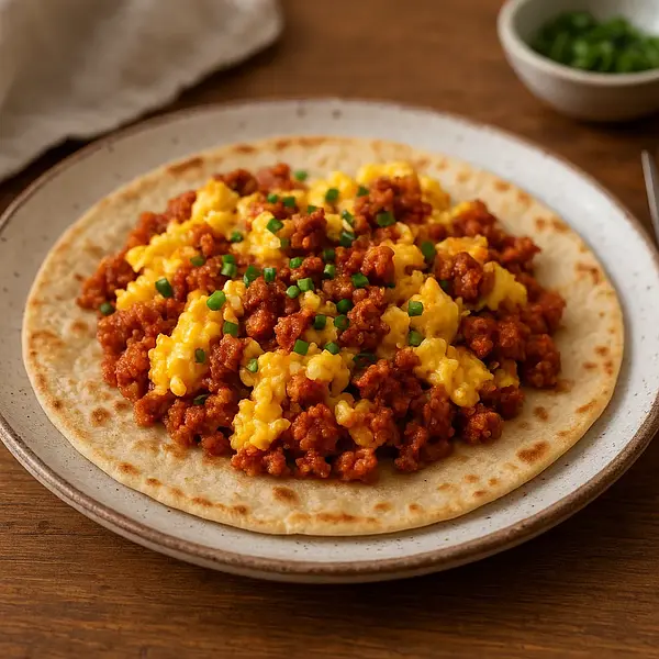 Mistrzowska Tortilla Śniadaniowa z Jajecznicą Farmerską i Chorizo