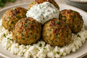 Greek Turkey and Zucchini Meatballs on a Cloud of Feta with Tzatziki Sauce