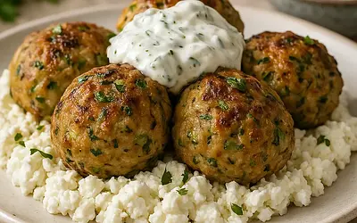 Greek Turkey and Zucchini Meatballs on a Cloud of Feta with Tzatziki Sauce