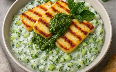 Sałatka Tzatziki z Grillowanym Halloumi i Miętowym Pesto