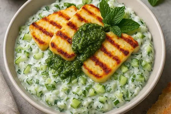 Sałatka Tzatziki z Grillowanym Halloumi i Miętowym Pesto