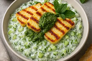 Sałatka Tzatziki z Grillowanym Halloumi i Miętowym Pesto