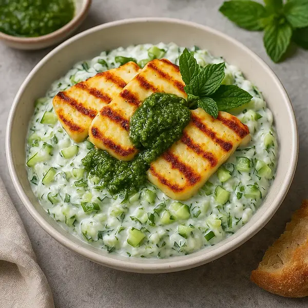 Tzatziki Salad with Grilled Halloumi and Mint Pesto