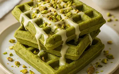 Matcha Waffles with White Chocolate and Pistachio Topping