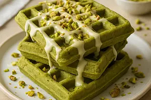 Matcha Waffles with White Chocolate and Pistachio Topping