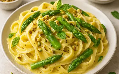 Kremowe Tagliatelle z Blanszowanymi Szparagami w Cytrynowo-Maślanym Sosie z Pistacjami i Miętą
