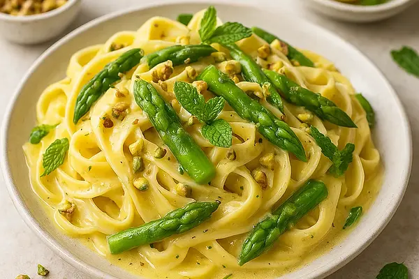 Kremowe Tagliatelle z Blanszowanymi Szparagami w Cytrynowo-Maślanym Sosie z Pistacjami i Miętą