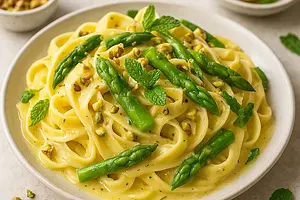 Kremowe Tagliatelle z Blanszowanymi Szparagami w Cytrynowo-Maślanym Sosie z Pistacjami i Miętą