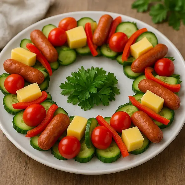Party Flavor Wreath with Kabanos, Cheese, and Vegetables