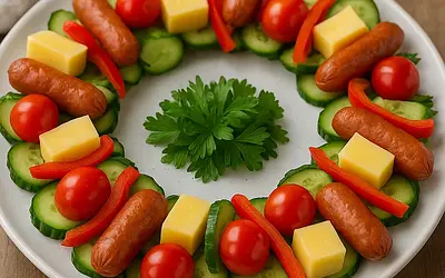 Party Flavor Wreath with Kabanos, Cheese, and Vegetables