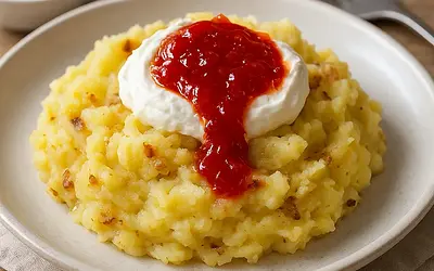 Mashed Baked Potatoes with Pepper Jam and Goat Cheese Cream