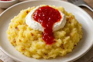 Mashed Baked Potatoes with Pepper Jam and Goat Cheese Cream