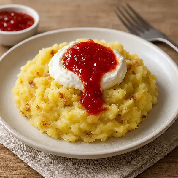 Mashed Baked Potatoes with Pepper Jam and Goat Cheese Cream