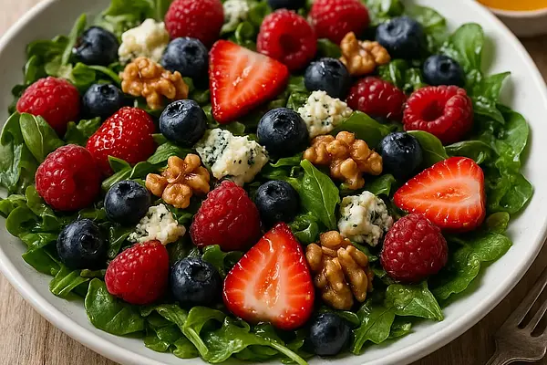 Letnia Sałatka z Gorgonzolą, Owocami Leśnymi i Orzechami Włoskimi w Miodowym Vinaigrette