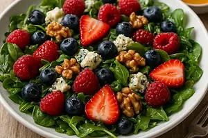 Summer Salad with Gorgonzola, Berries, and Walnuts in Honey Vinaigrette