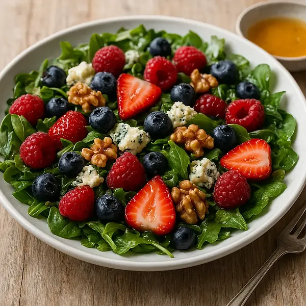 Summer Salad with Gorgonzola, Berries, and Walnuts in Honey Vinaigrette