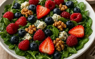 Summer Salad with Gorgonzola, Berries, and Walnuts in Honey Vinaigrette