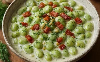 Creamy Broad Beans with Garlic, Dill, and Crispy Bacon