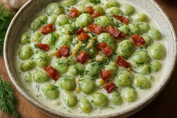 Kremowy Bób z Czosnkiem, Koperkiem i Chrupiącym Boczkiem