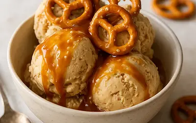 Homemade Ice Cream with Peanut Butter, Salted Caramel, and Pretzels