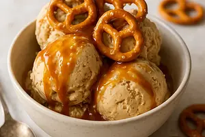 Homemade Ice Cream with Peanut Butter, Salted Caramel, and Pretzels