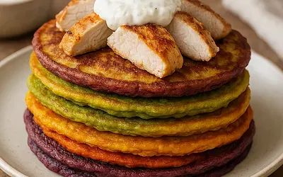 Tęczowe Naleśniki Warzywne z Kurczakiem i Sosem Jogurtowym