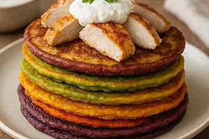 Rainbow Vegetable Pancakes with Chicken and Yogurt Sauce