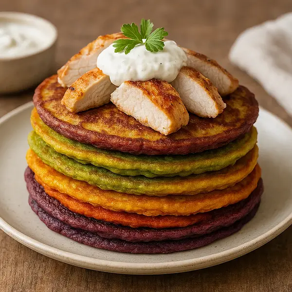 Rainbow Vegetable Pancakes with Chicken and Yogurt Sauce