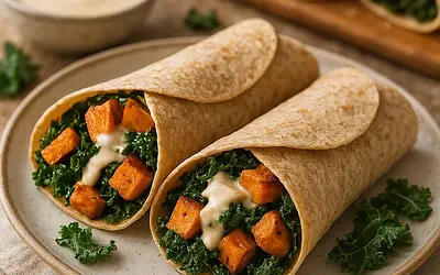 Jesienne Wrapy z Pieczonym Batatem, Jarmużem i Sosem Tahini