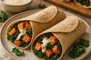 Jesienne Wrapy z Pieczonym Batatem, Jarmużem i Sosem Tahini