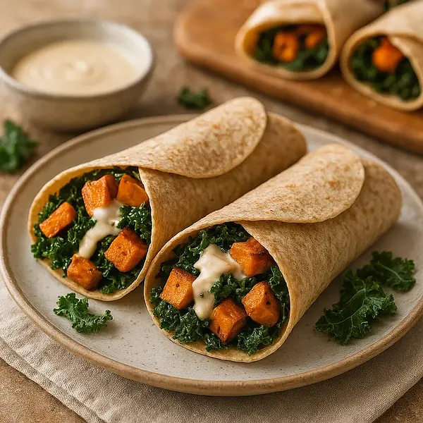 Autumn Wraps with Roasted Sweet Potato, Kale, and Tahini Sauce