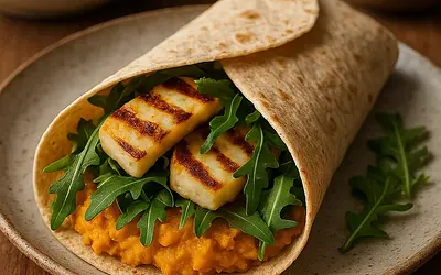 Jesienny Wrap z Pieczonym Dyniowym Humusem, Grillowanym Halloumi i Rukolą