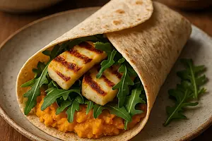 Jesienny Wrap z Pieczonym Dyniowym Humusem, Grillowanym Halloumi i Rukolą