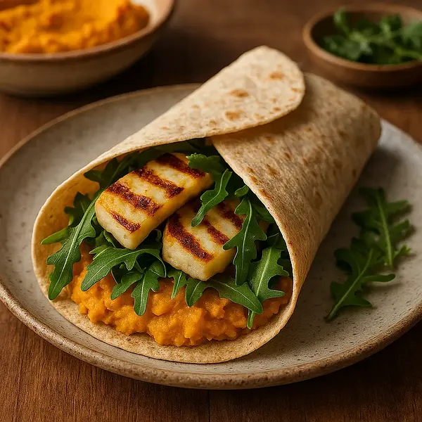 Jesienny Wrap z Pieczonym Dyniowym Humusem, Grillowanym Halloumi i Rukolą