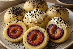 Czech Plum Dumplings (Švestkové Knedlíky) with Vanilla Curd and Toasted Poppy Seeds