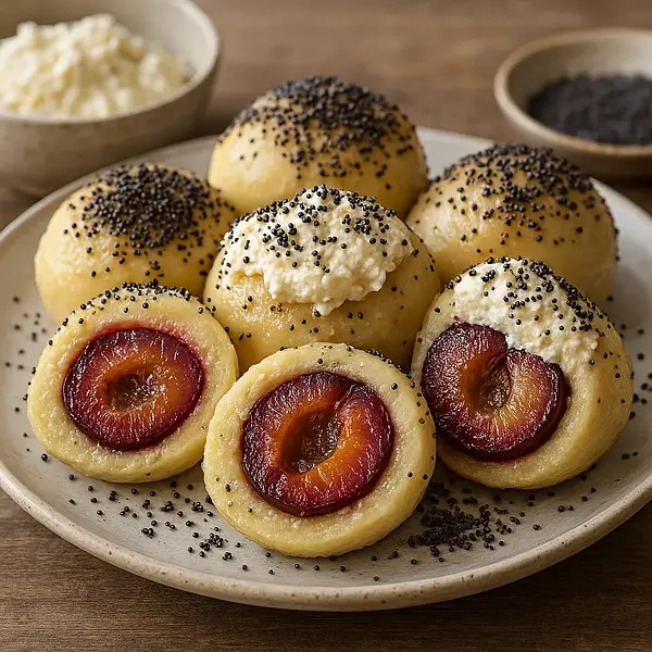 Czech Plum Dumplings (Švestkové Knedlíky) with Vanilla Curd and Toasted Poppy Seeds