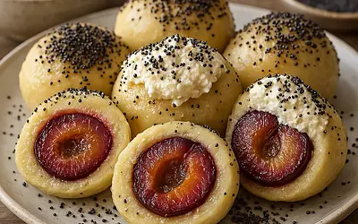 Czech Plum Dumplings (Švestkové Knedlíky) with Vanilla Curd and Toasted Poppy Seeds