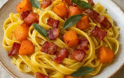 Tagliatelle z pieczoną dynią, szałwią i chrupiącym pancetta