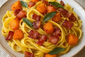 Tagliatelle z pieczoną dynią, szałwią i chrupiącym pancetta