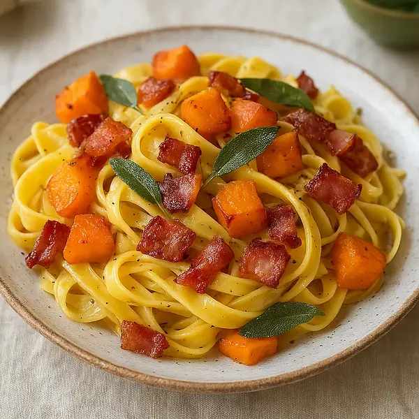 Tagliatelle z pieczoną dynią, szałwią i chrupiącym pancetta