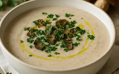 Creamy porcini mushroom soup with parsley chips and truffle oil